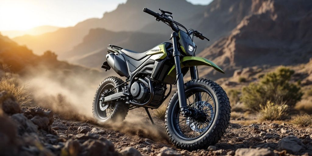 Electric dirt bike riding through rugged outdoor terrain.