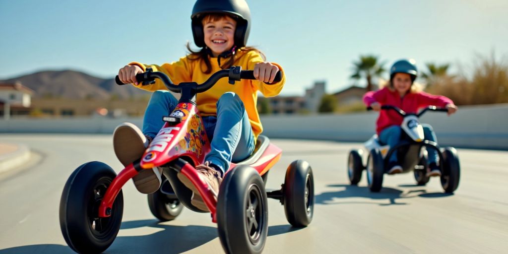 Kids riding colorful electric drift trikes outdoors.