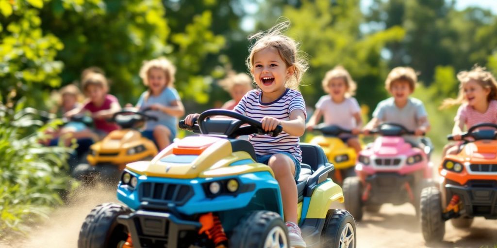 Children riding colorful electric ride-on toys outdoors.