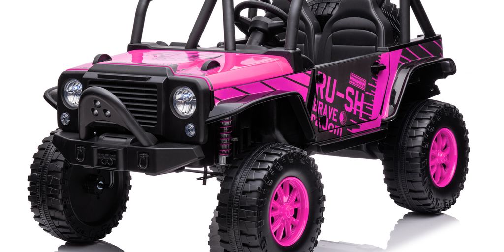 A pink toy jeep with large wheels and modern design.