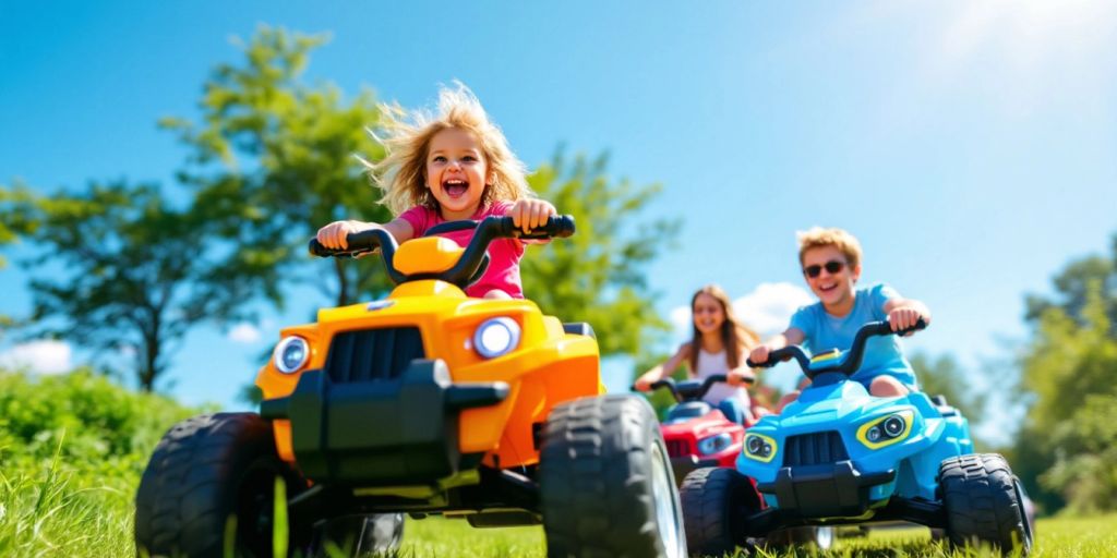 Kids riding colorful electric ride-on toys outdoors.