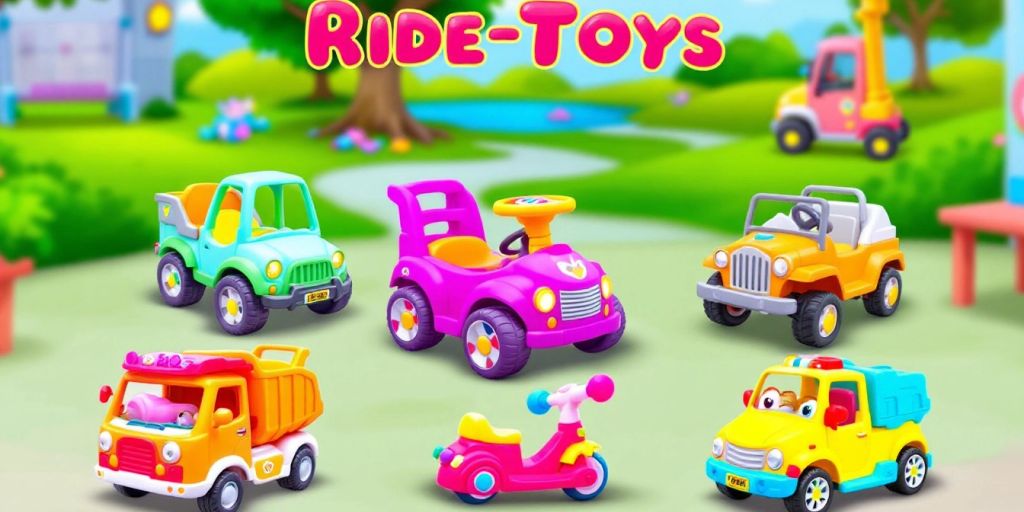 Colorful ride-on toys for children in an outdoor setting.