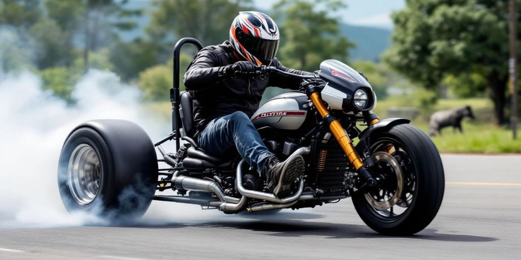 Rider drifting on a trike in a scenic location.