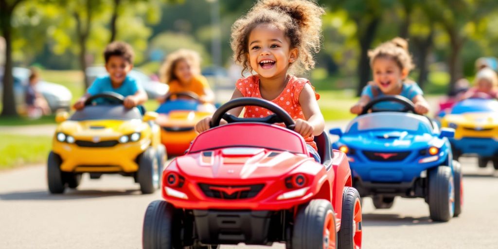 Children riding colorful electric ride-on toys in a park.