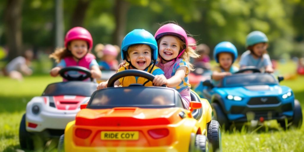Children riding colorful electric ride-on toys in a park.