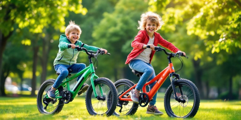 Child riding electric and traditional bikes in park.