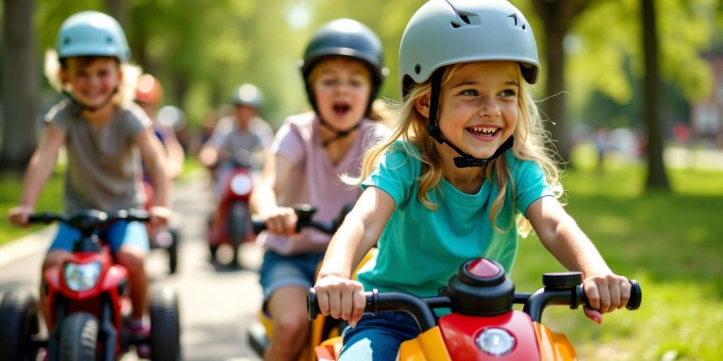 Children riding colorful electric ride-on toys in a park.