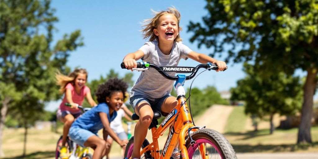 Kids riding Thunderbolt adventure bikes outdoors, enjoying fun.