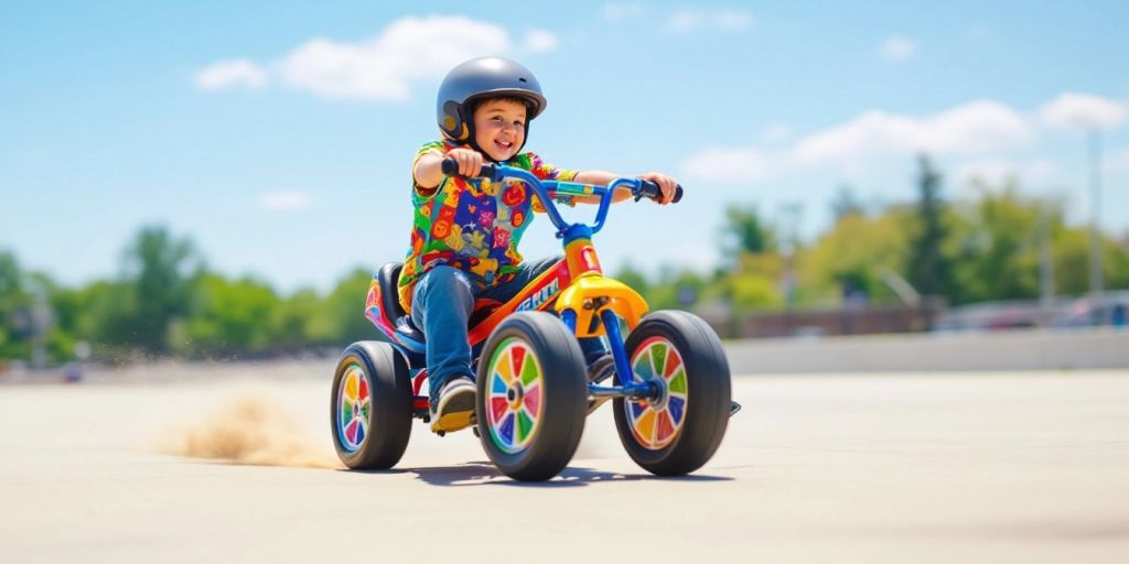 Child riding a colorful drift trike on pavement.