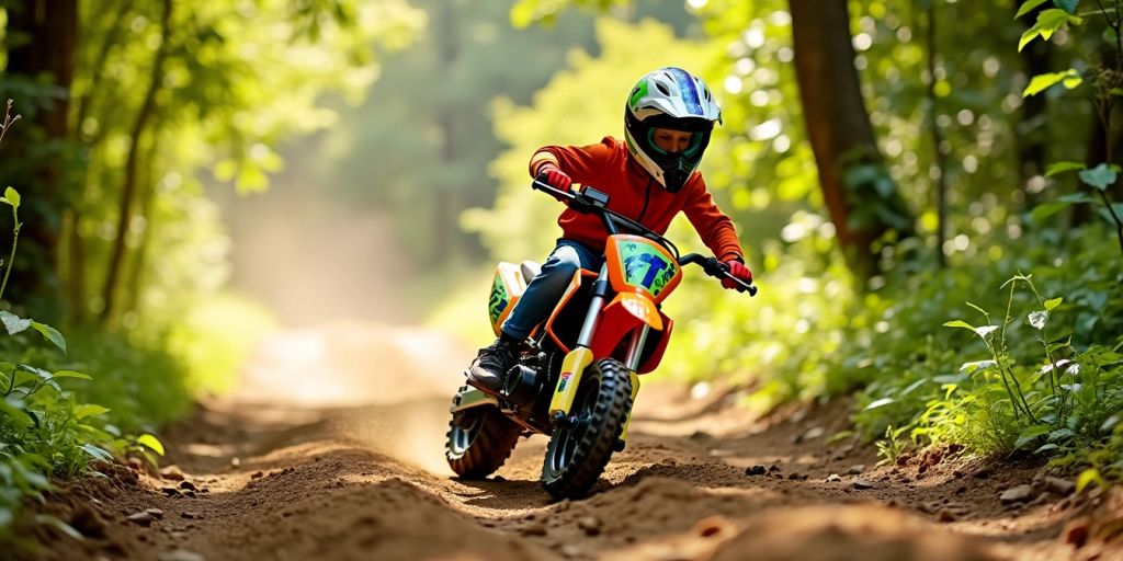 Kids electric dirt bike on a dirt trail outdoors.