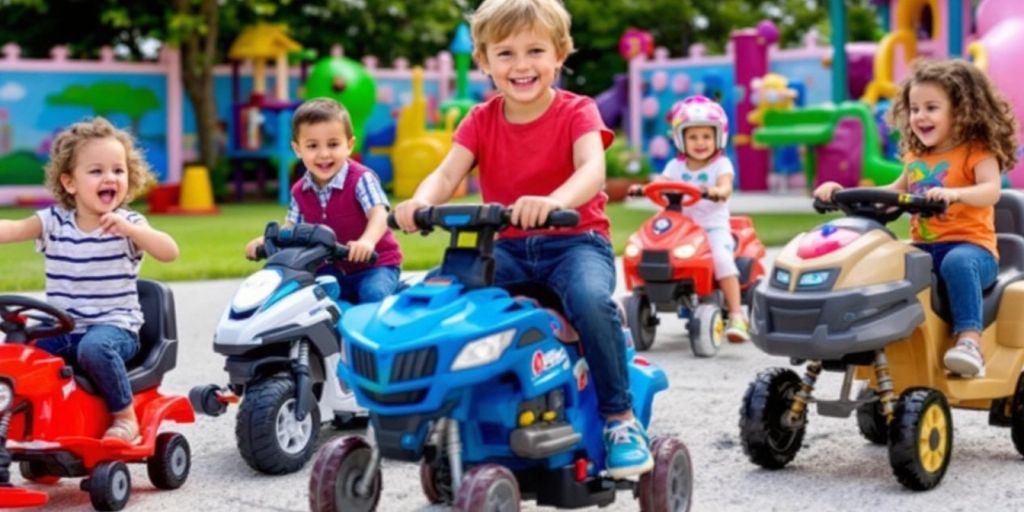 Colorful ride-on toys for children in outdoor setting.