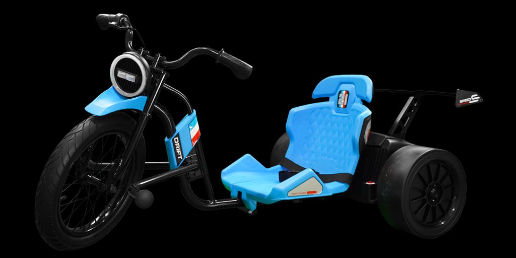 Blue tricycle with a sleek design and large rear wheels.