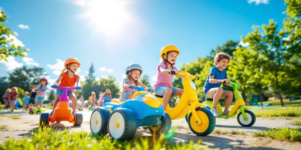 Children enjoying colorful ride-on toys in a sunny park.