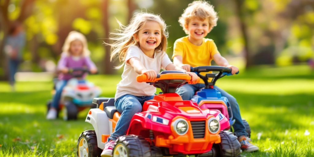 Children riding colorful electric ride-on toys in a park.