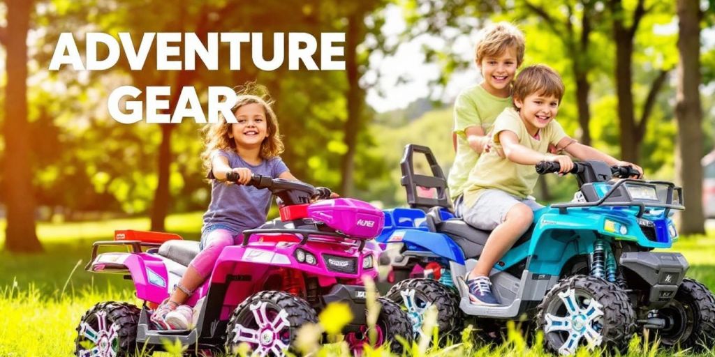 Children riding colorful outdoor adventure toys in nature.