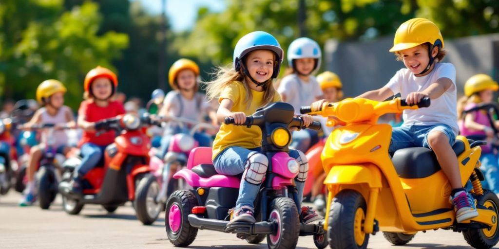 Kids enjoying electric vehicles in a sunny outdoor setting.