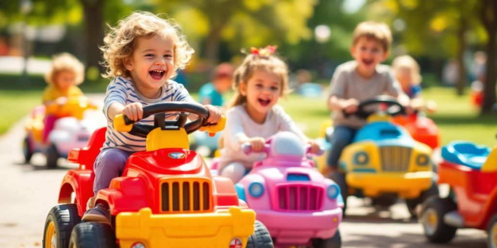 Children playing with colorful ride-on toys in a park.