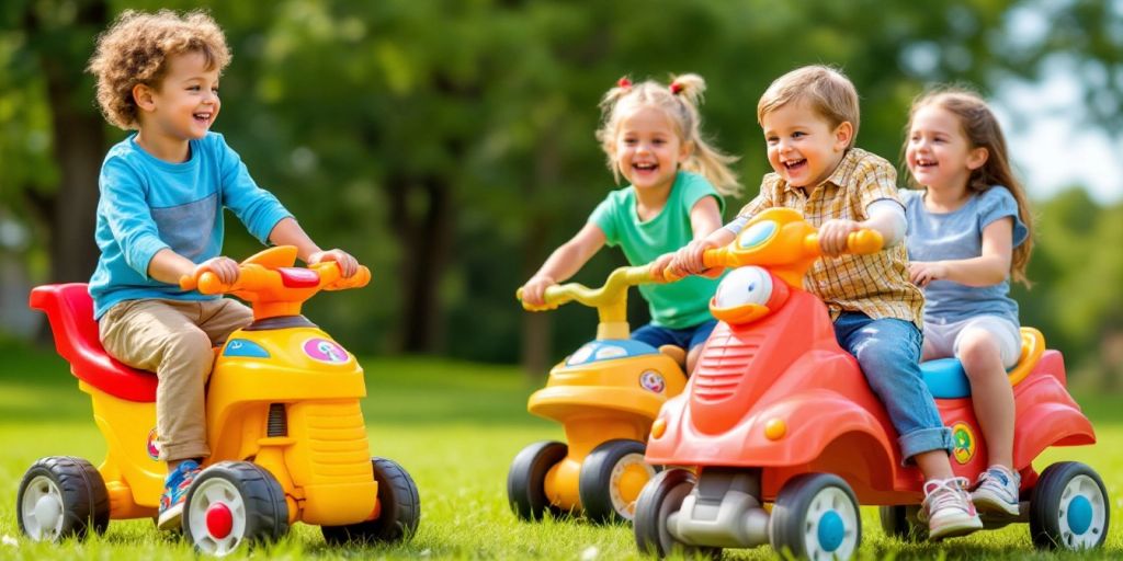 Children riding colorful eco-friendly ride-on toys outdoors.